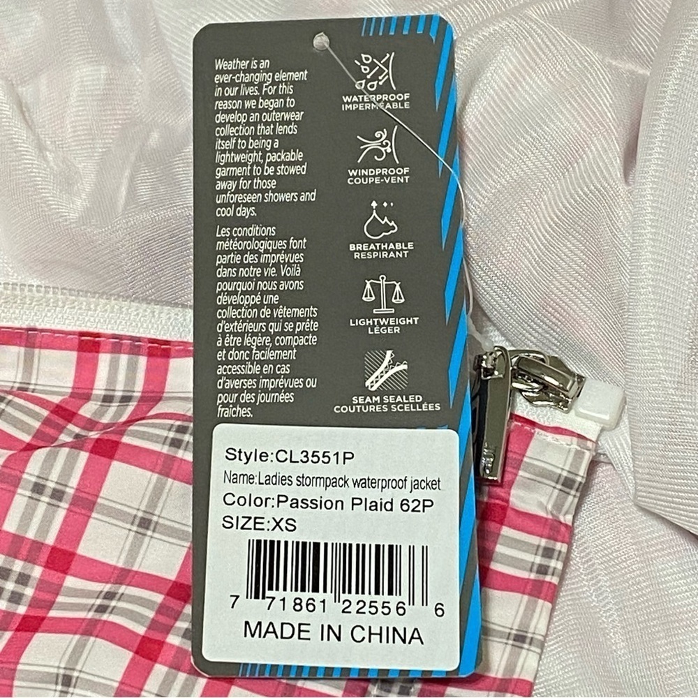 Stormpack Pink Plaid Waterproof Windbreaker Jacket Size XS Hoodless NWT Travel - Picture 8 of 9